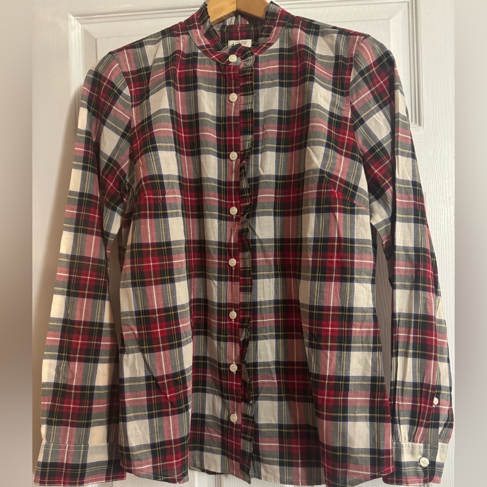 J.Crew size medium plaid blouse with ruffles down the middle